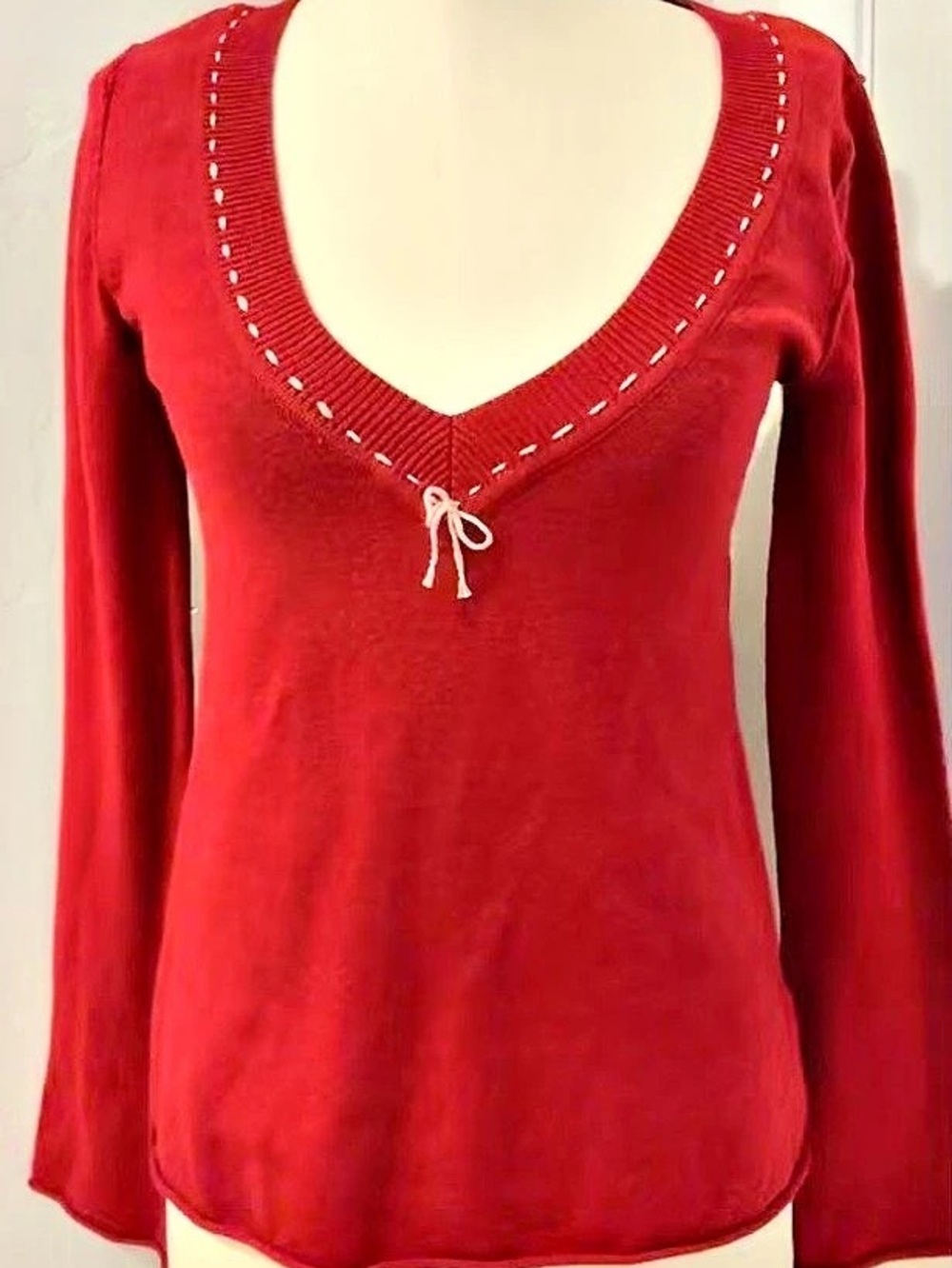 Takeout Red Deep V-Neck Rhinestone Bow Embellished Knit Sweater Size L